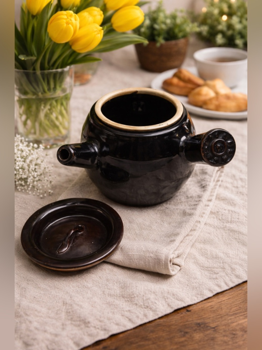 Vintage Kyusu-Style Side Handle Stoneware Teapot / Server • Deep Chocolate Glaze